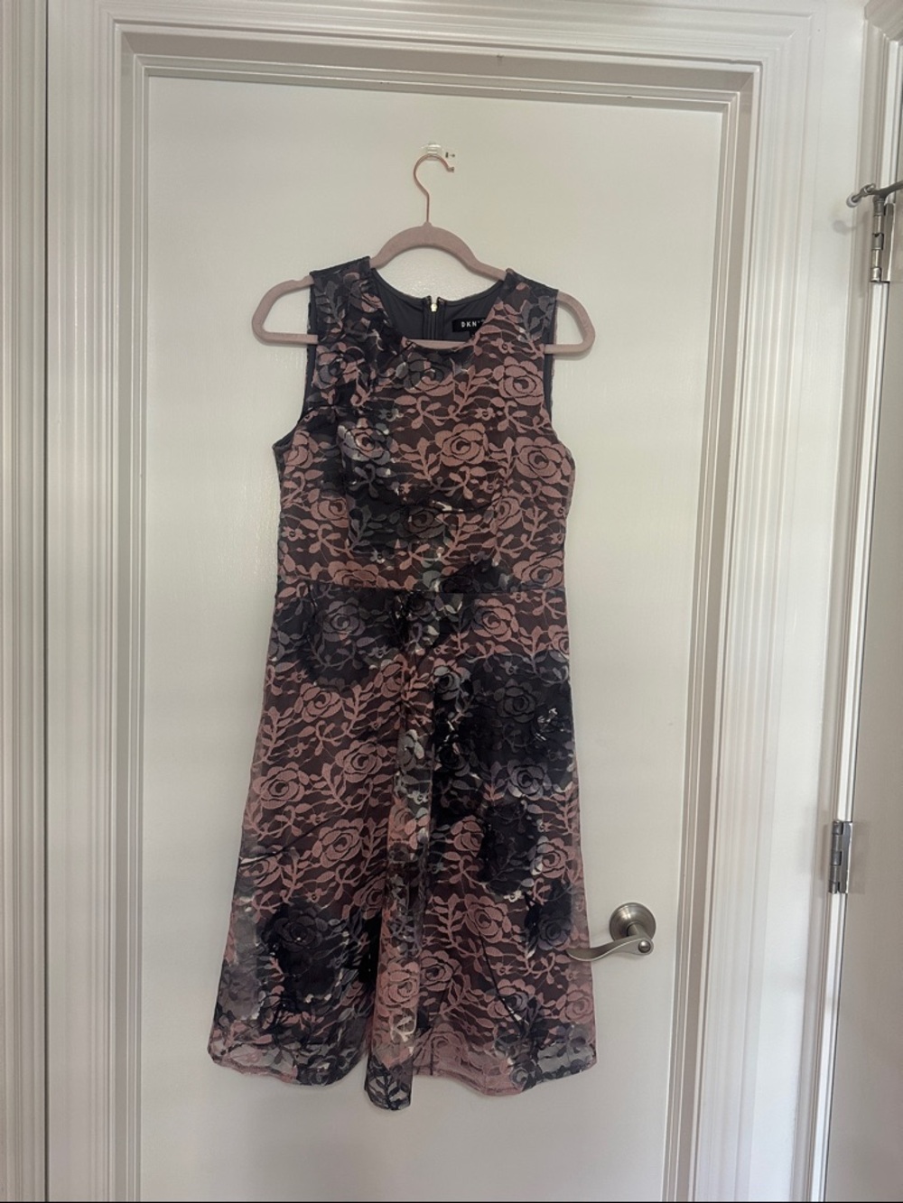 DKNY Pink Lace Overlay on Gray Dress